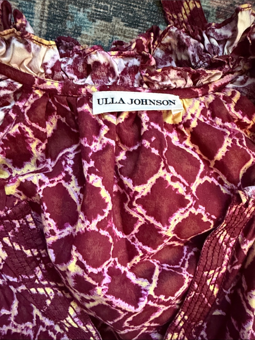 Ulla Johnson Burgundy and Yellow Long Sleeve Tiered Midi Dress - Picture 2 of 3